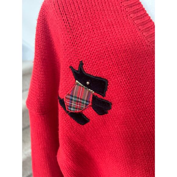 Vintage 90s Red V-Neck Velvet Tartan Scottie Dog Sweater Christmas Holiday Ugly - Picture 6 of 7